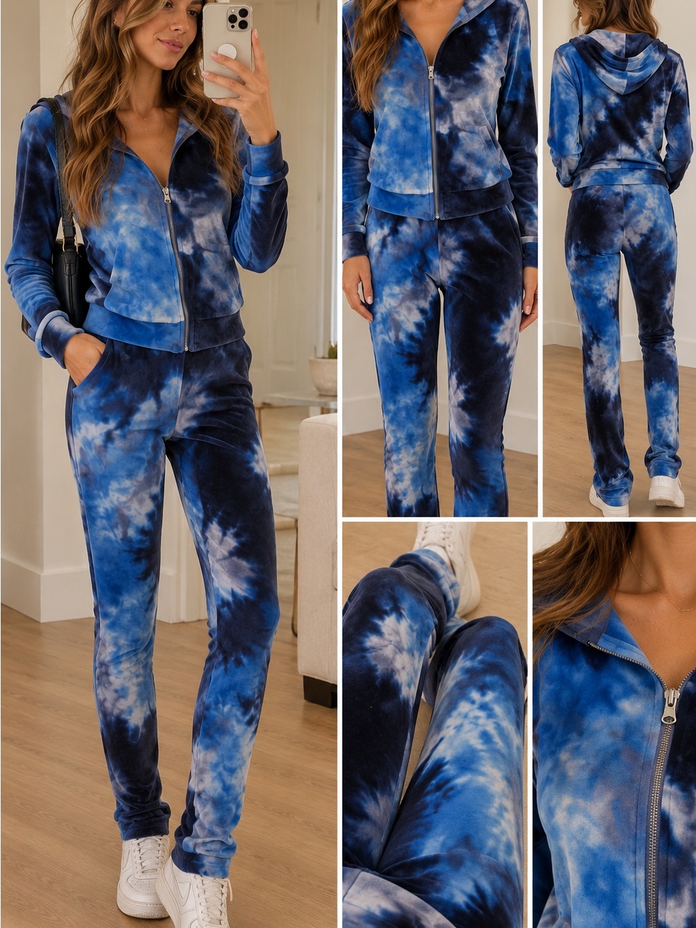 Tie-Dye Crop Velour Hoodie & Wide-Leg Pants Set - Blue